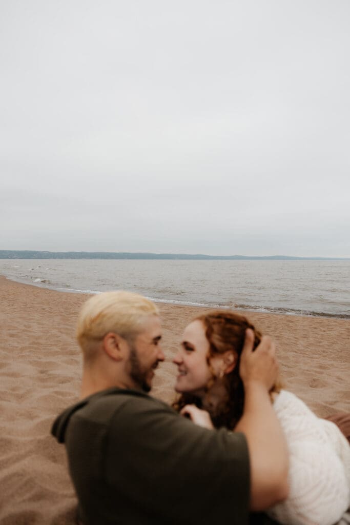 Photograph of engagement portraits at Park Point in Duluth, Minnesota.