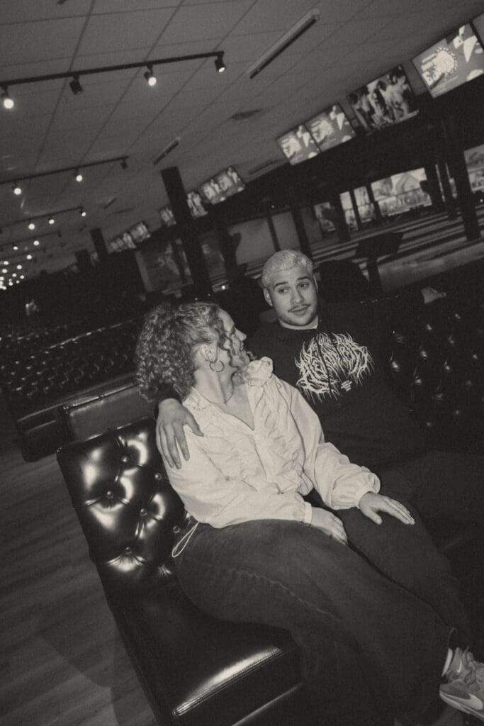 Photograph of engagement portraits at Skyline Social & Games in Duluth, Minnesota.