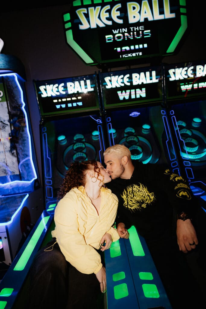 Photograph of engagement portraits at Skyline Social & Games in Duluth, Minnesota.