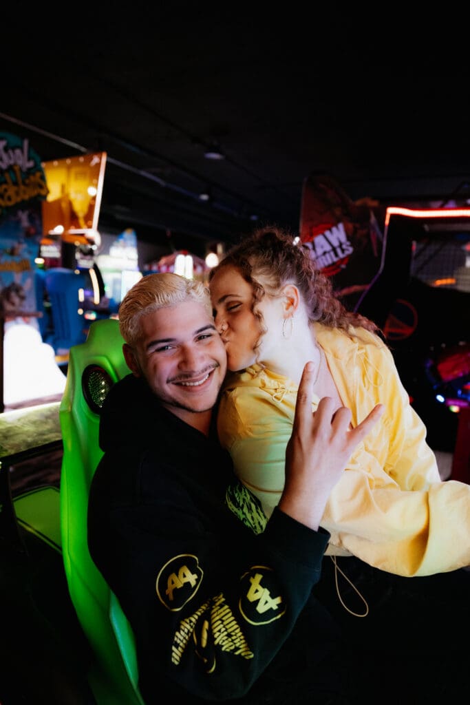 Photograph of engagement portraits at Skyline Social & Games in Duluth, Minnesota.