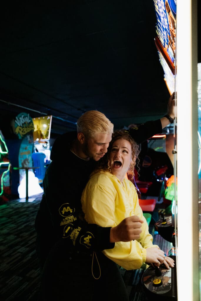 Photograph of engagement portraits at Skyline Social & Games in Duluth, Minnesota.