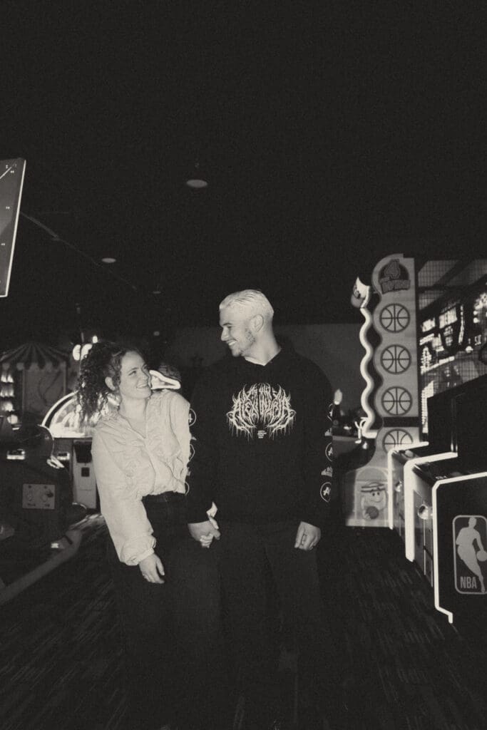 Photograph of engagement portraits at Skyline Social & Games in Duluth, Minnesota.