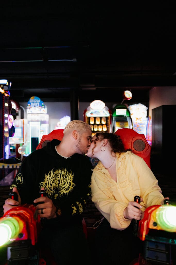 Photograph of engagement portraits at Skyline Social & Games in Duluth, Minnesota.