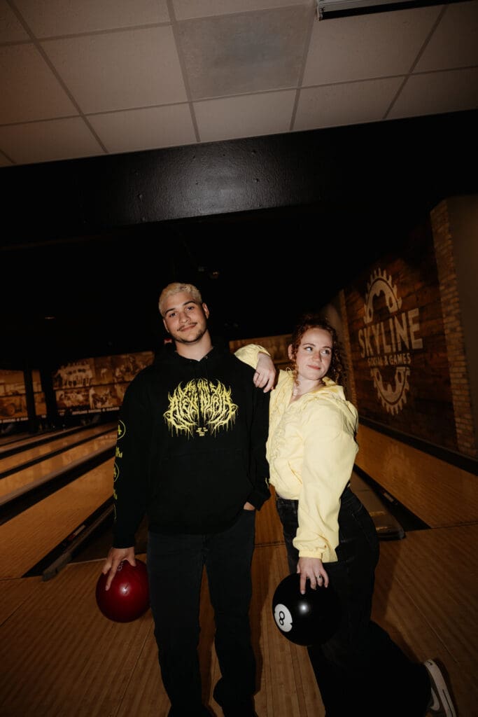 Photograph of engagement portraits at Skyline Social & Games in Duluth, Minnesota.