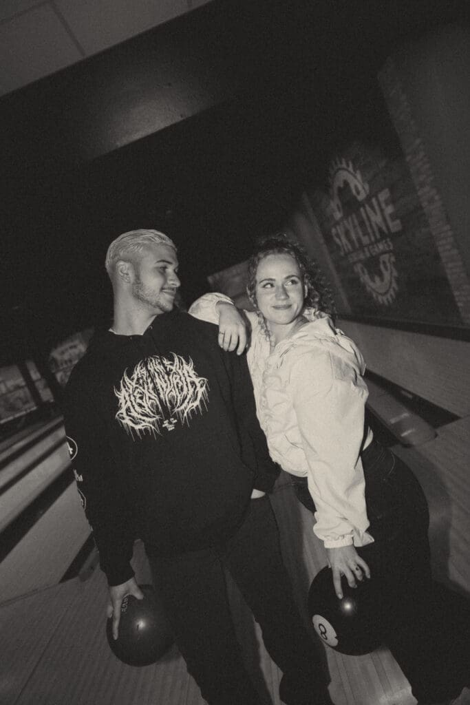 Photograph of engagement portraits at Skyline Social & Games in Duluth, Minnesota.