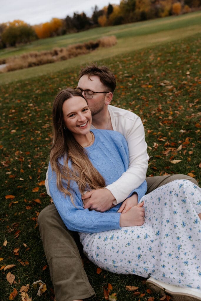 Photograph of engagement portraits at Hiawatha Golf Course in Minneapolis Minnesota.