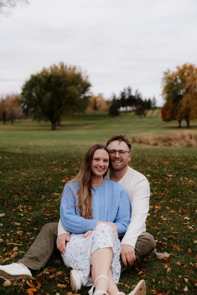 Photograph of engagement portraits at Hiawatha Golf Course in Minneapolis Minnesota.