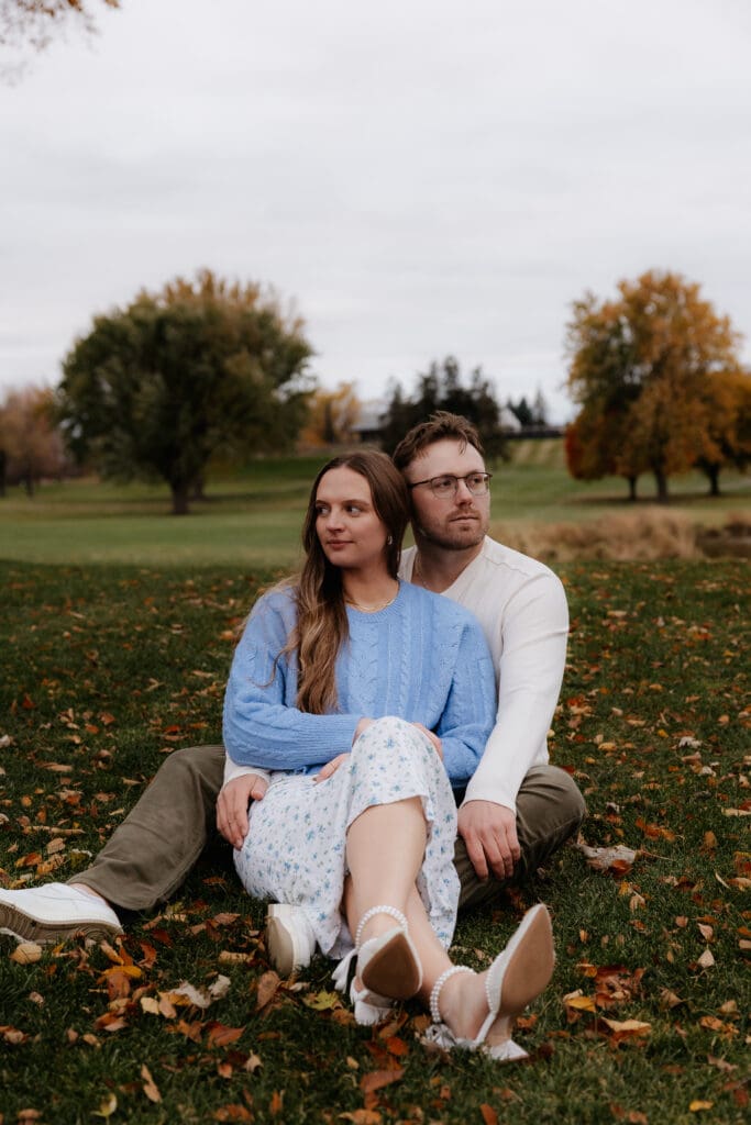 Photograph of engagement portraits at Hiawatha Golf Course in Minneapolis Minnesota.