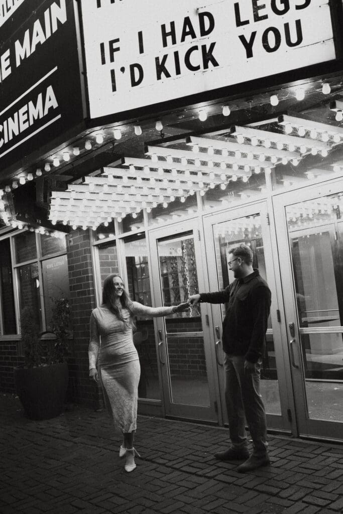 Photograph of engagement portraits at Saint Anthony Main in Minneapolis Minnesota.