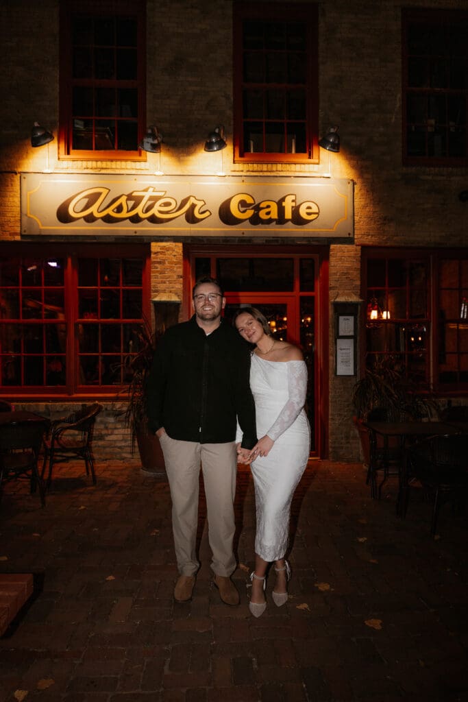 Photograph of engagement portraits at Saint Anthony Main in Minneapolis Minnesota.