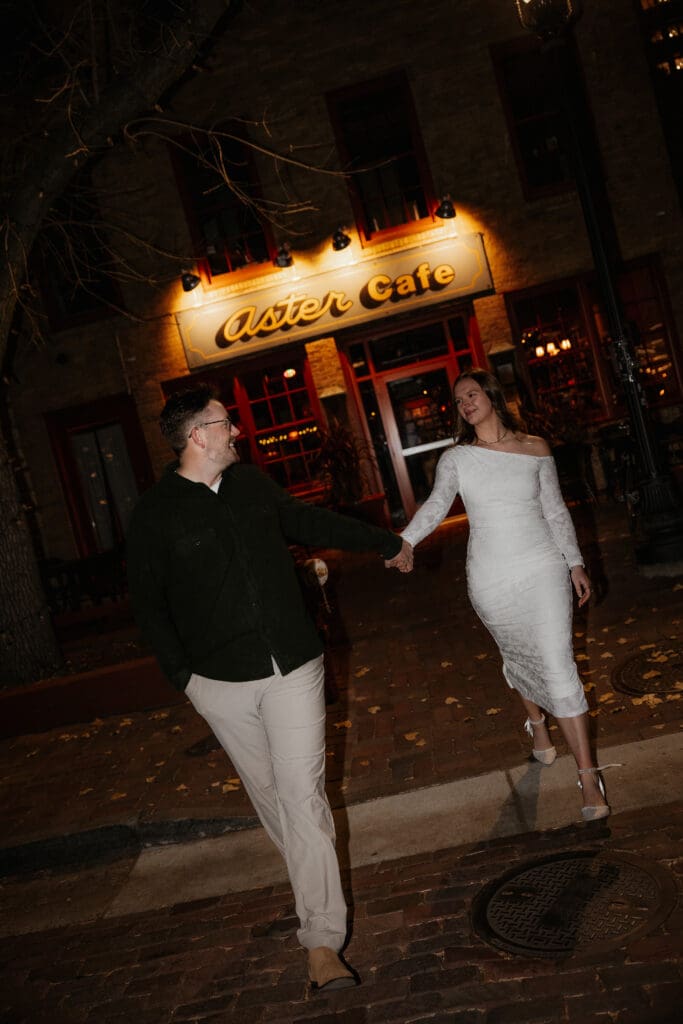 Photograph of engagement portraits at Saint Anthony Main in Minneapolis Minnesota.