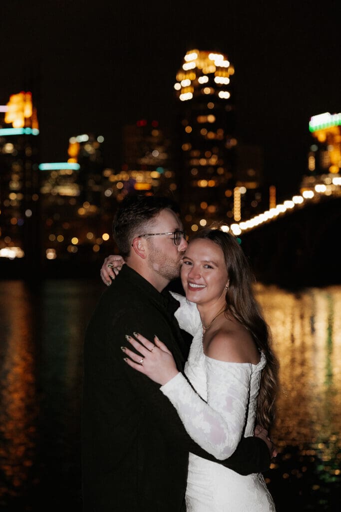 Photograph of engagement portraits at Saint Anthony Main in Minneapolis Minnesota.