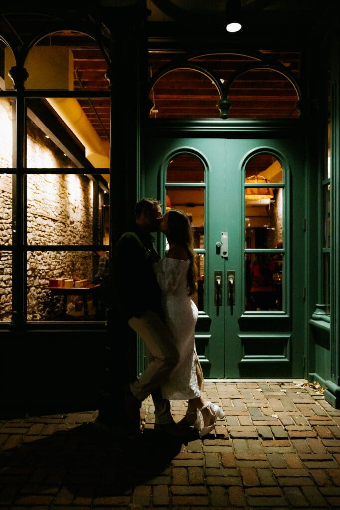 Photograph of engagement portraits at Saint Anthony Main in Minneapolis Minnesota.