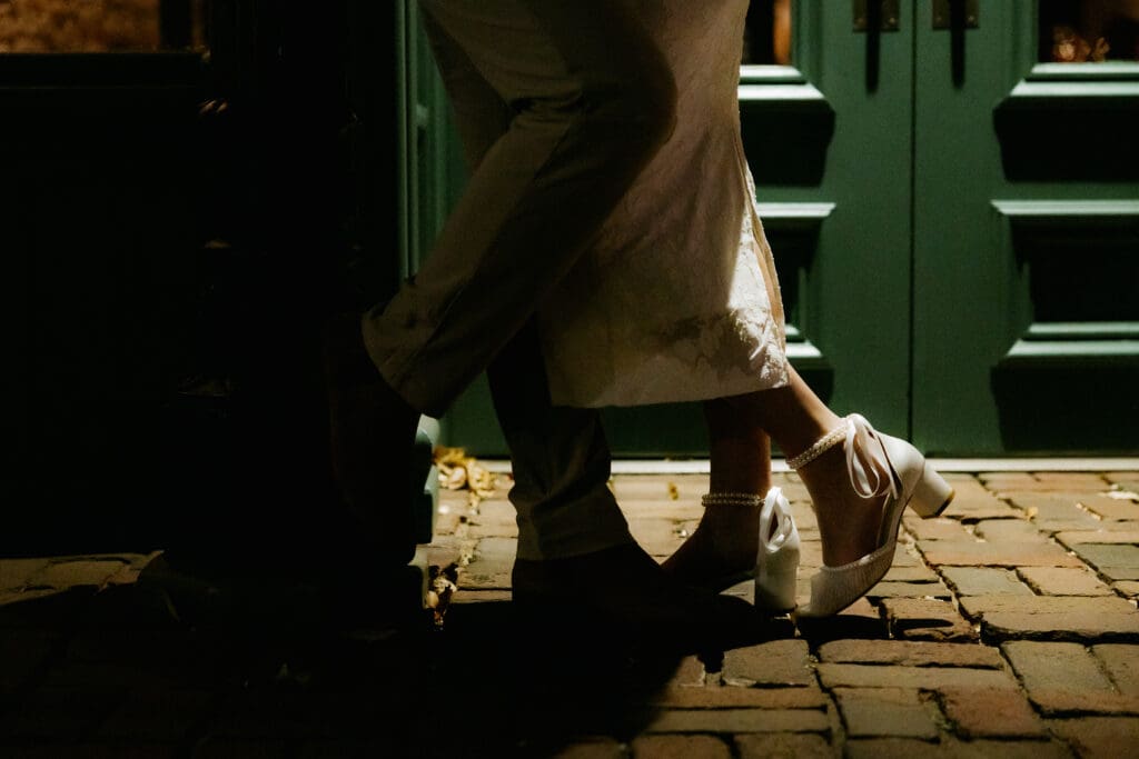 Photograph of engagement portraits at Saint Anthony Main in Minneapolis Minnesota.