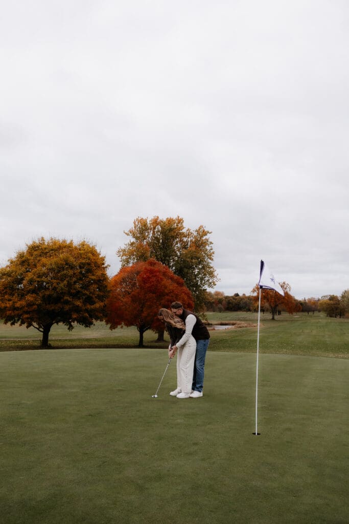 Photograph of engagement portraits at Hiawatha Golf Course in Minneapolis Minnesota.