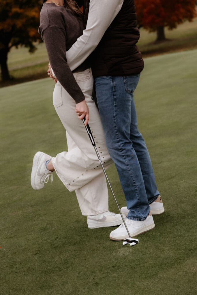 Photograph of engagement portraits at Hiawatha Golf Course in Minneapolis Minnesota.