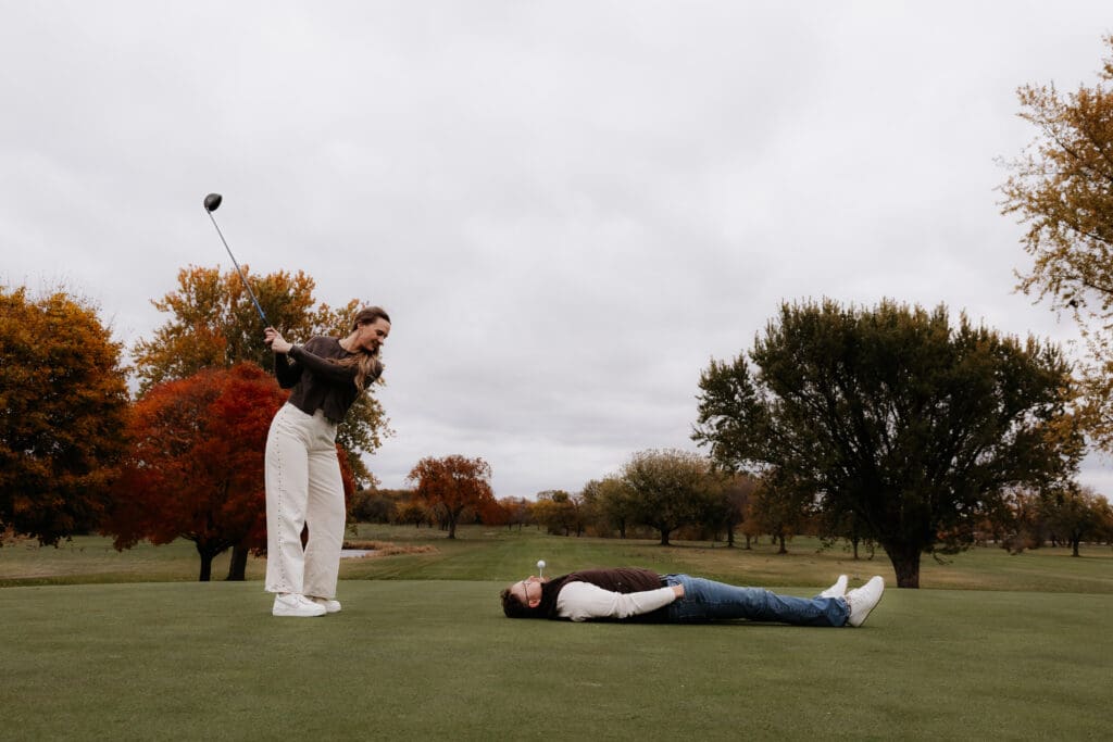 Photograph of engagement portraits at Hiawatha Golf Course in Minneapolis Minnesota.
