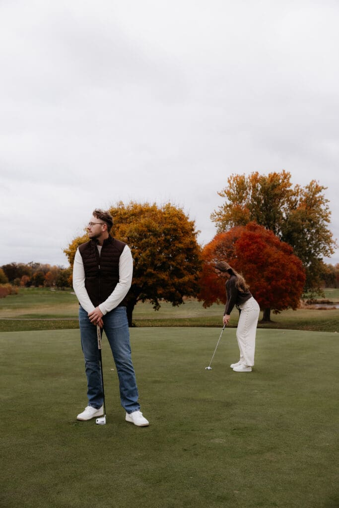 Photograph of engagement portraits at Hiawatha Golf Course in Minneapolis Minnesota.