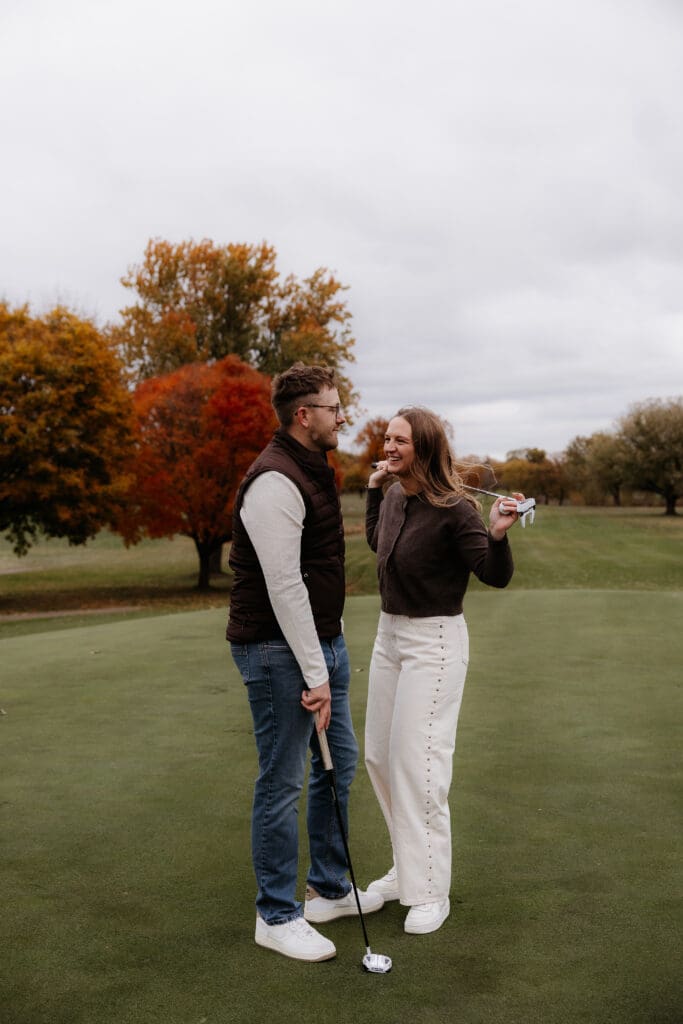 Photograph of engagement portraits at Hiawatha Golf Course in Minneapolis Minnesota.