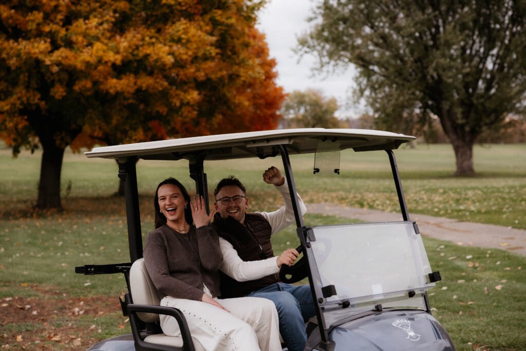 Photograph of engagement portraits at Hiawatha Golf Course in Minneapolis Minnesota.