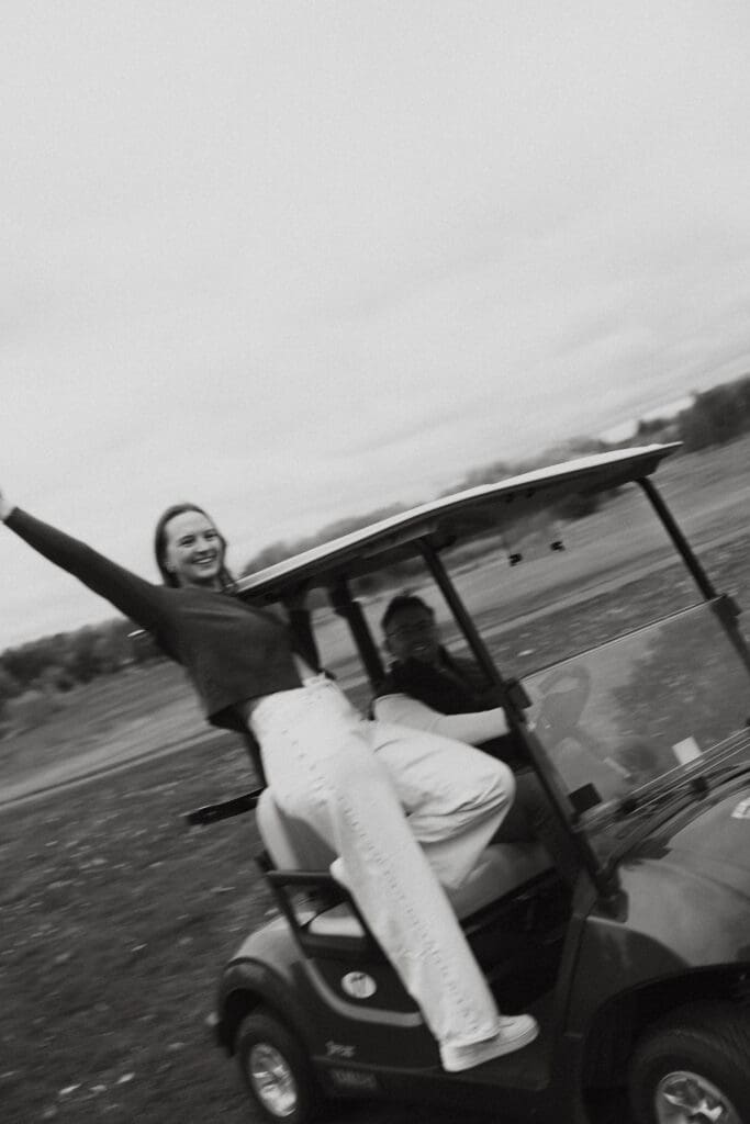 Photograph of engagement portraits at Hiawatha Golf Course in Minneapolis Minnesota.