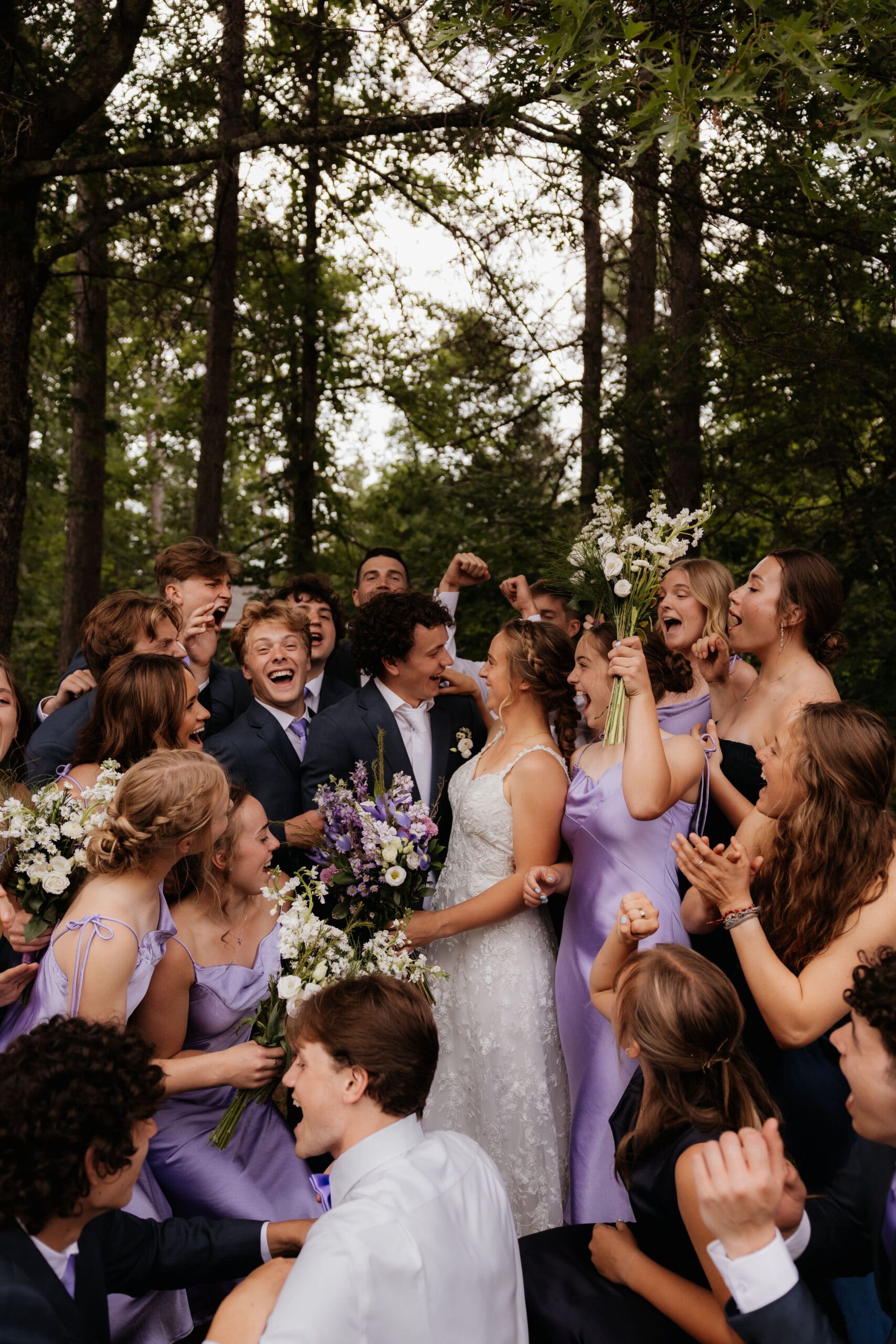 Photograph of the wedding party at a wedding at Bethany Bible Camp in Bemidji, Minnesota.