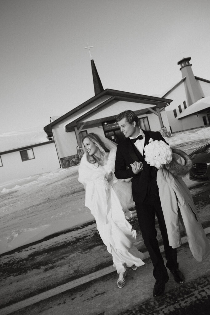 Photograph of a winter wedding at the Tenstrike Community Church in Bemidji, Minnesota by Minnesota wedding photographer and videographer, Alyssa Thompson Media.