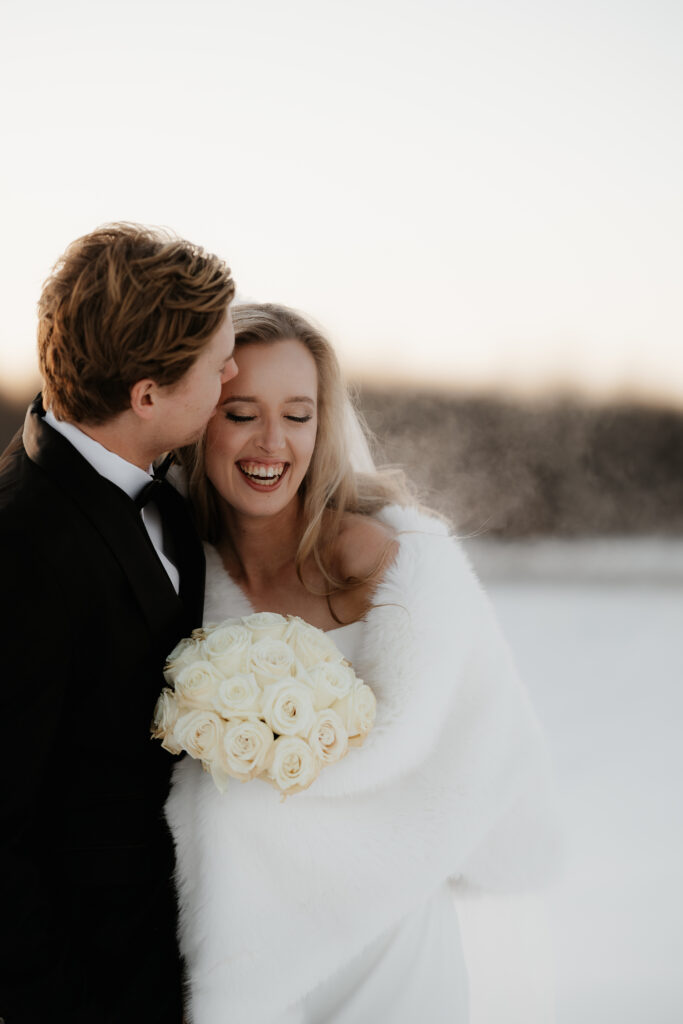 Photograph of a winter wedding at the Tenstrike Community Church in Bemidji, Minnesota by Minnesota wedding photographer and videographer, Alyssa Thompson Media.