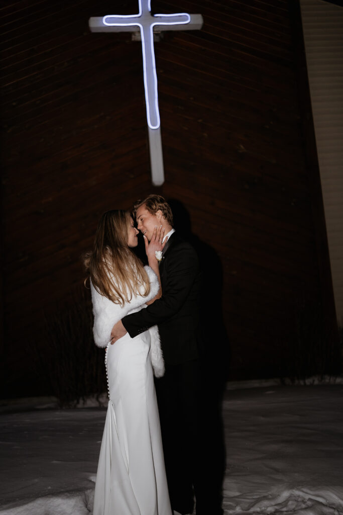 Photograph of a winter wedding at the Tenstrike Community Church in Bemidji, Minnesota by Minnesota wedding photographer and videographer, Alyssa Thompson Media.