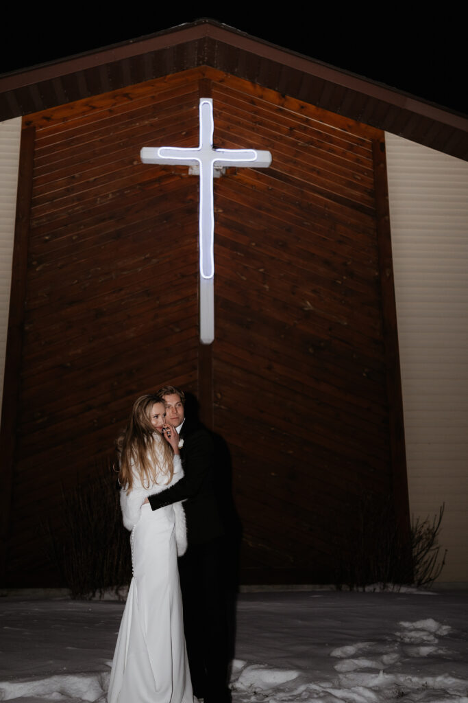 Photograph of a winter wedding at the Tenstrike Community Church in Bemidji, Minnesota by Minnesota wedding photographer and videographer, Alyssa Thompson Media.
