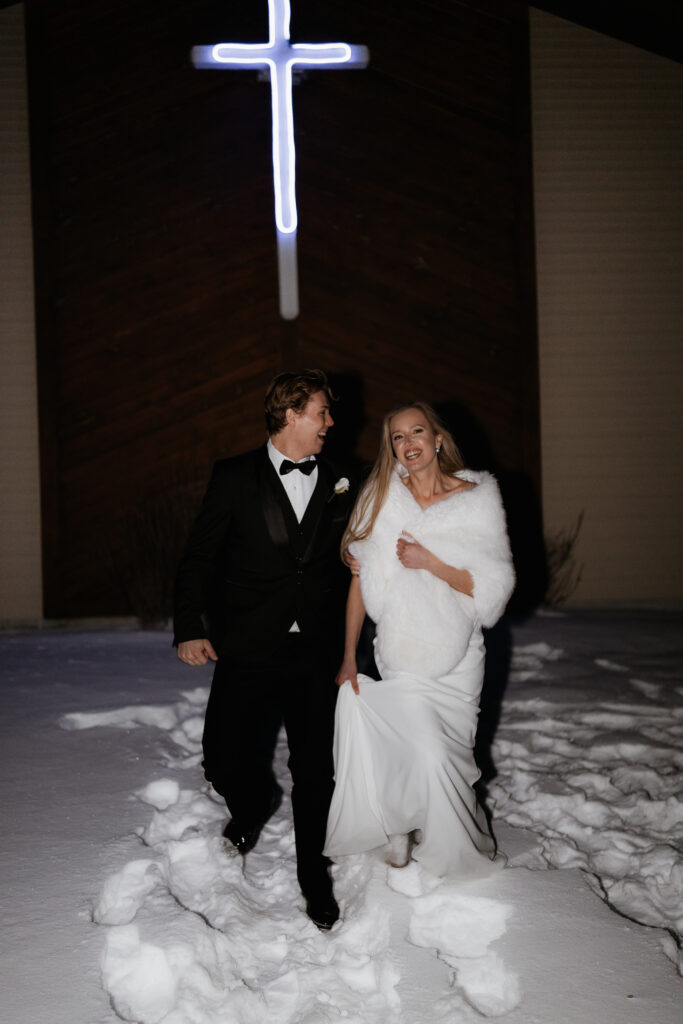 Photograph of a winter wedding at the Tenstrike Community Church in Bemidji, Minnesota by Bemidji Minnesota wedding photographer and videographer, Alyssa Thompson Media.